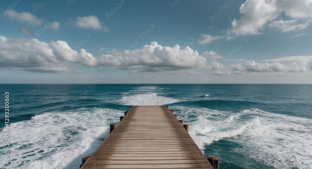 Poster pier extending over calm ocean waters under blue sky and fluffy clouds with space for text overlay