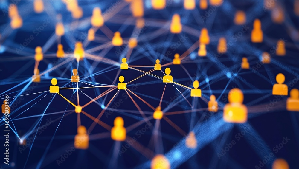 Poster abstract network visualization orange and blue nodes connected by lines dark background