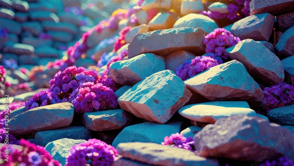 Poster vibrant close-up of building stones adorned with colorful flowers creating a harmonious blend of nat