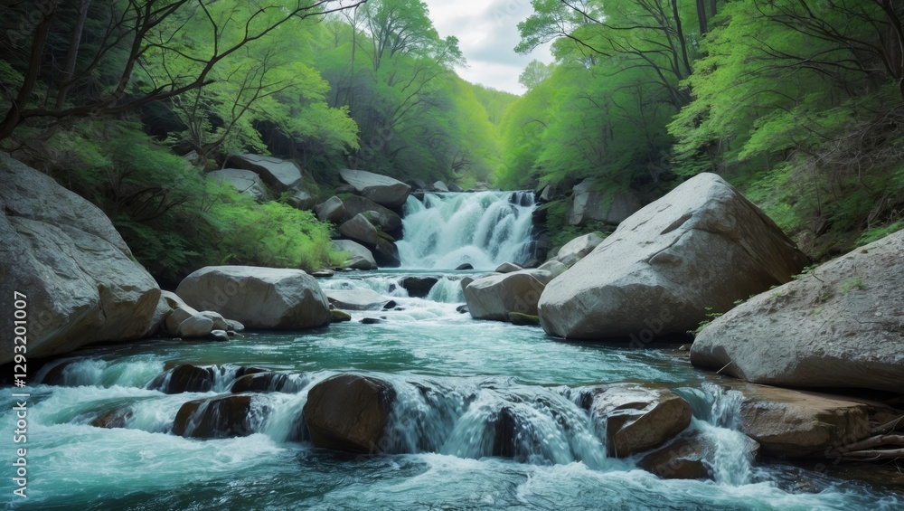 Poster snow melting in stream through boulders and green trees with cascading whitewater rapids and room fo
