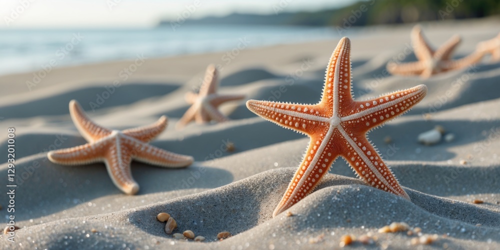Poster starfish resting on sandy beach with gentle sea waves in background and empty space for text or bran