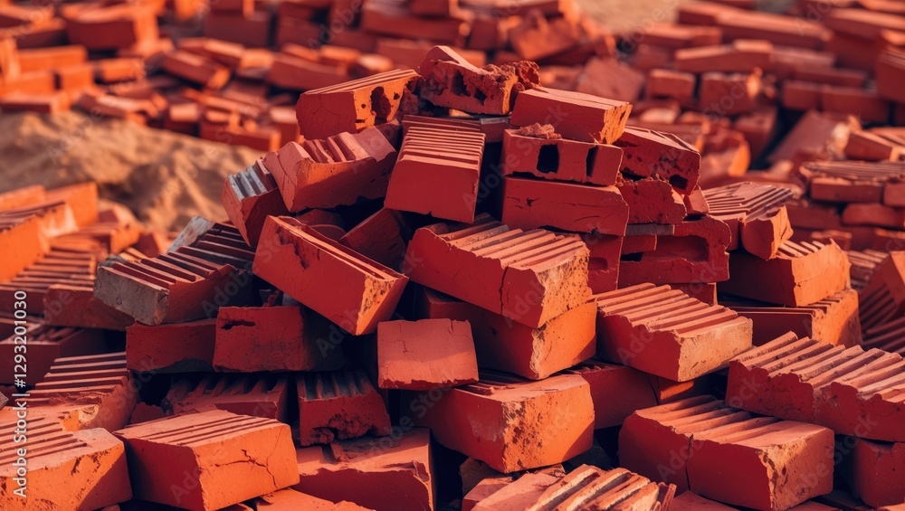 Poster stack of red clay bricks in a construction site showcasing various textures and sunlight reflections