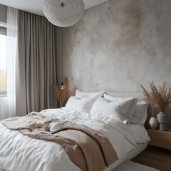 A bedroom with a neutral minimalist decor style