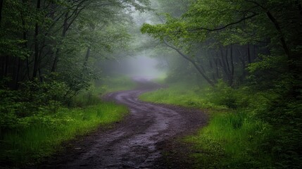 Obraz premium Serene Winding Trail Through Foggy Forest Surrounded by Lush Greenery