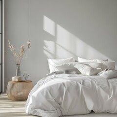 A cozy white bedroom with sunlight and a decorative table