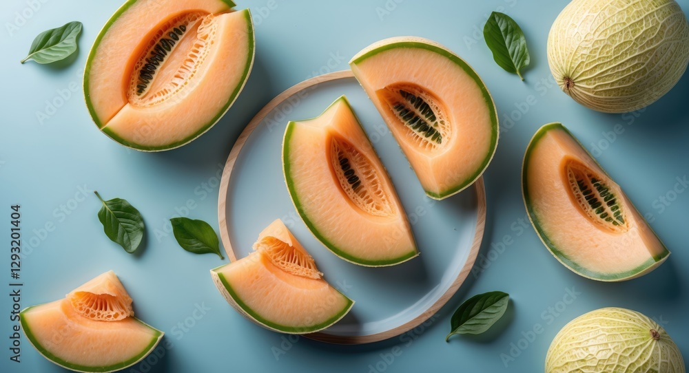 Poster cantaloupe melon slices arranged on light blue table with fresh mint leaves and empty space for text