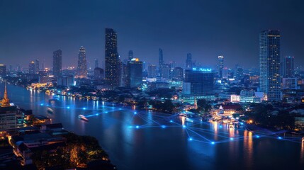 Night cityscape, river, network connections,  urban development,  technology