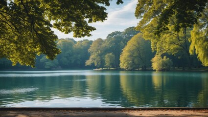 Obraz premium Scenic Tranquil Lake Surrounded By Lush Green Trees With Reflections And Clear Blue Sky Ideal For Text Overlay