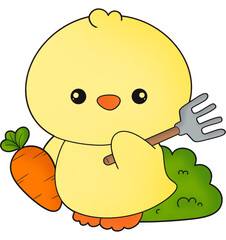 Chicken holding a rake and carrots