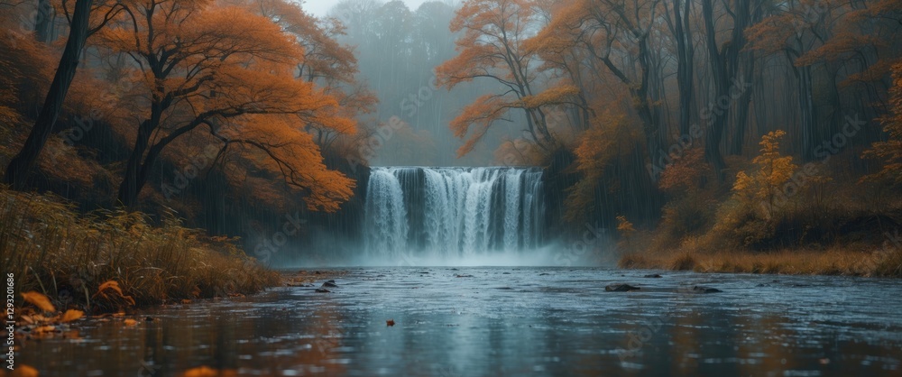 Poster serene autumn waterfall surrounded by foggy forest and colorful foliage creating a tranquil mood in 