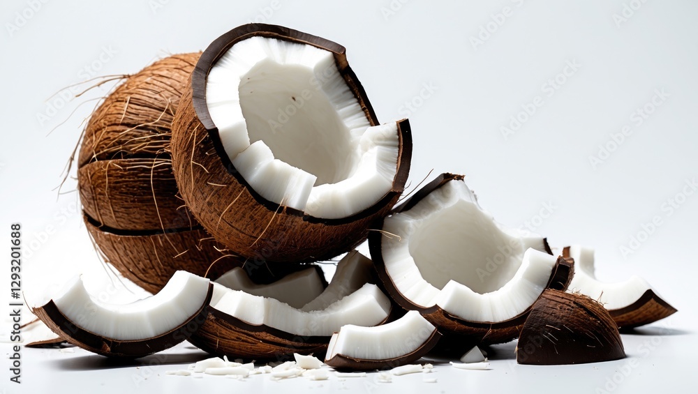 Aufkleber coconut shell pieces stacked creatively on a white background showcasing natural textures and layers