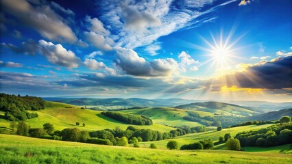 Fototapeta premium A bright blue summer sky with a radiant sun shining down, casting a warm glow over a serene landscape of rolling hills and lush greenery , blue sky, serene environment