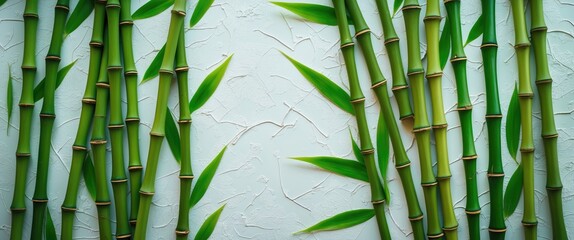 Obraz premium Vibrant green bamboo stems arranged on a textured white background creating a serene and calming natural aesthetic for various decor uses.