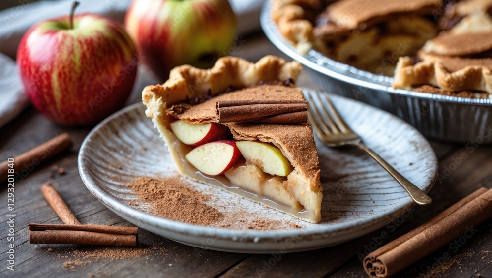 Poster homemade apple pie slice with cinnamon on plate surrounded by fresh apples and cinnamon sticks rusti