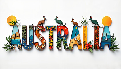 Vibrant word 'AUSTRALIA' illustrated with cultural elements, symbolizing pride