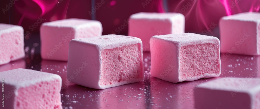 Poster sweet pink marshmallows arranged on a reflective surface with a vibrant background creating a playfu
