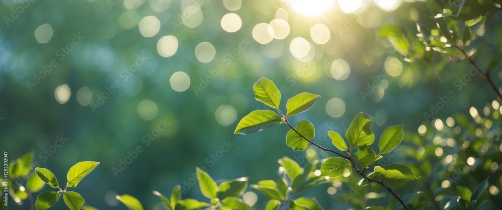 Poster green leaves with sunlight bokeh creating an abstract nature background and empty space for text or 