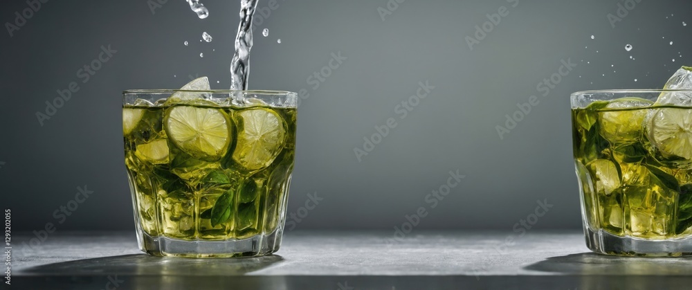 Poster iced green tea with lime slices in glass on grey background with water splash and empty space for te