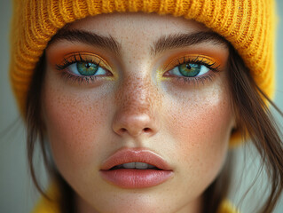 Close-up of a young woman with vibrant makeup and hat