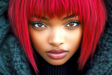 Short haircut - red hair. Commercial promotion visual idea. Stunning calm black girl - for ads, media and internet marketing use. Black portrait campaign. Black girl ads. Modern model campaig.