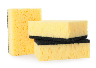 Yellow sponges isolated on white. Cleaning supply