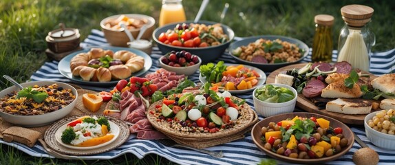 Vibrant Picnic Spread Featuring Delicious Food Dishes With Fresh Ingredients and Blank Space Ideal for Text Insertion