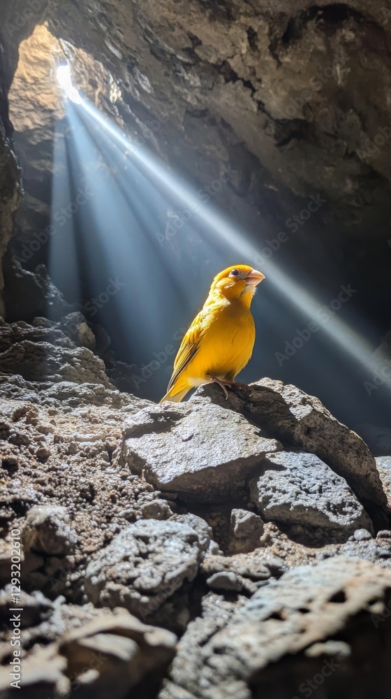 Poster yellow canary perched on rocky ground inside a cave with sunlight streaming in through an opening. s