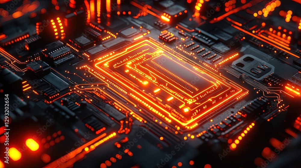 Poster close-up of a quantum computer chip with neon circuits and particles swirling around, futuristic tec