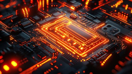 Obraz premium Close-up of a quantum computer chip with neon circuits and particles swirling around, futuristic tech 