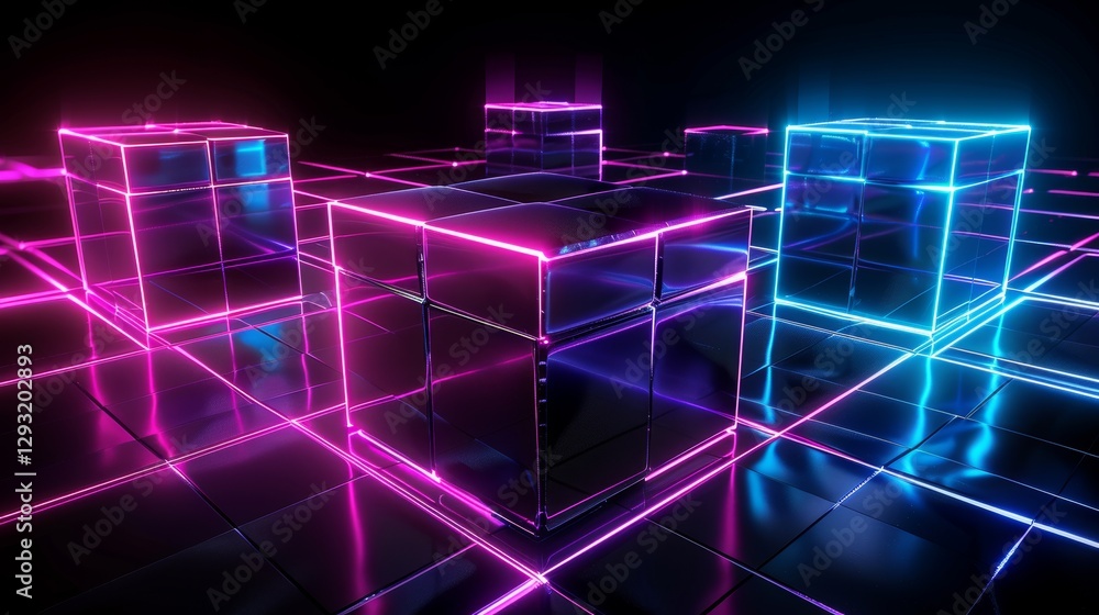Poster abstract neon glowing cubes background. abstract digital cubes . abstract background. abstract futur