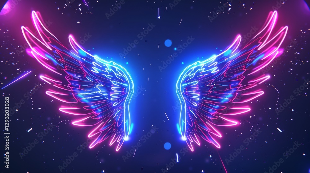 Poster a neon light effect digital art background featuring two symmetrical wings. abstract background. dig