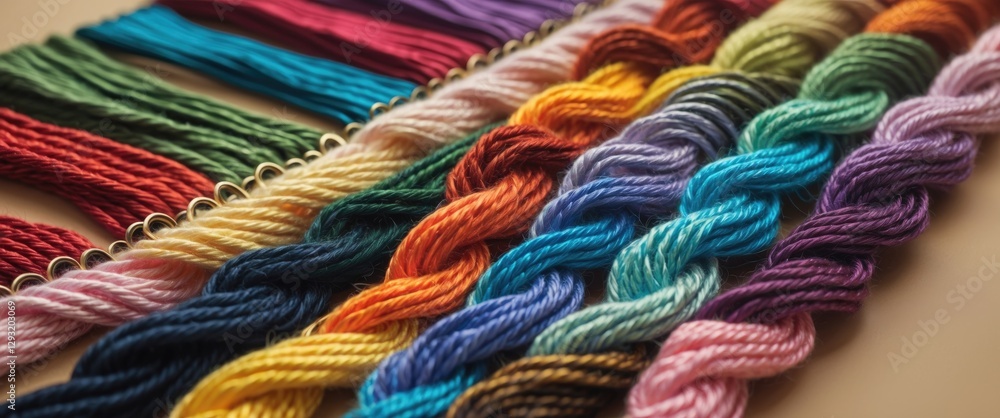 Poster vibrant multi-colored threads for knitting arranged on a beige background showcasing texture and var