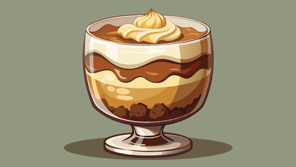 A cross-section view of a chocolate trifle with caramel in a clear glass. The dessert is layered with chocolate cake, creamy chocolate filling, caramel sauce, and whipped 