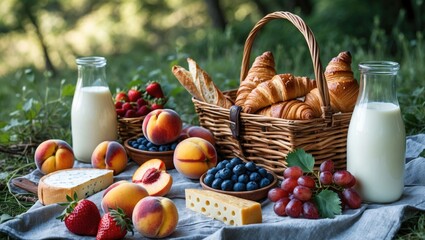 Picnic Spread in Nature Featuring Fresh Fruits, Croissants, Cheese, and Milk in a Rustic Setting with a Basket on Green Grass