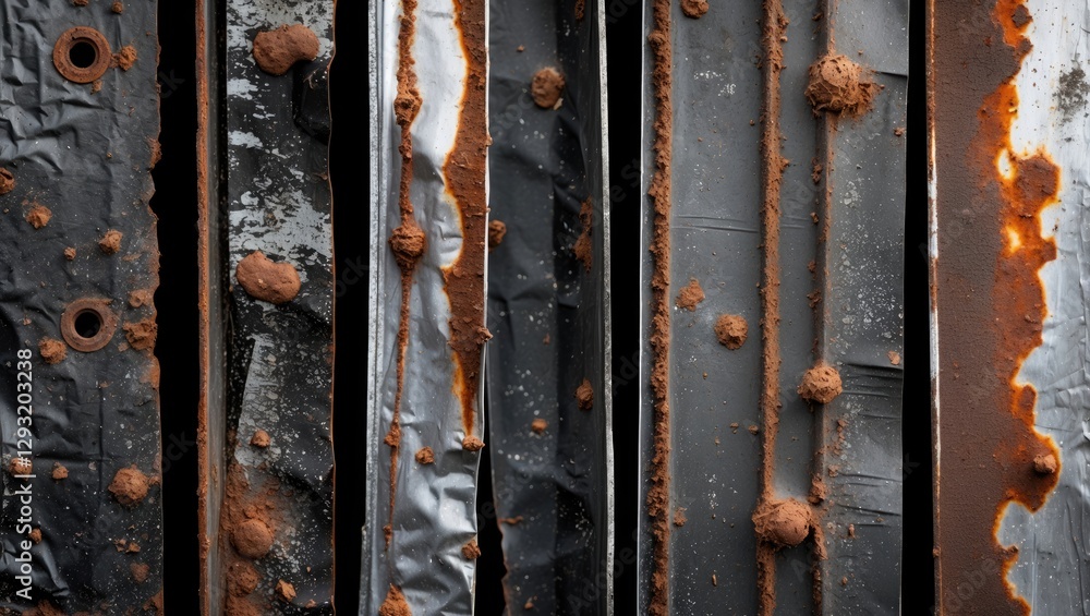 Aufkleber rusty metal sheets in black and white showcasing texture and decay with intricate patterns of corros