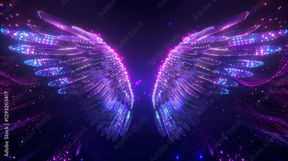 Poster a neon light effect digital art background featuring two symmetrical wings. abstract background. dig