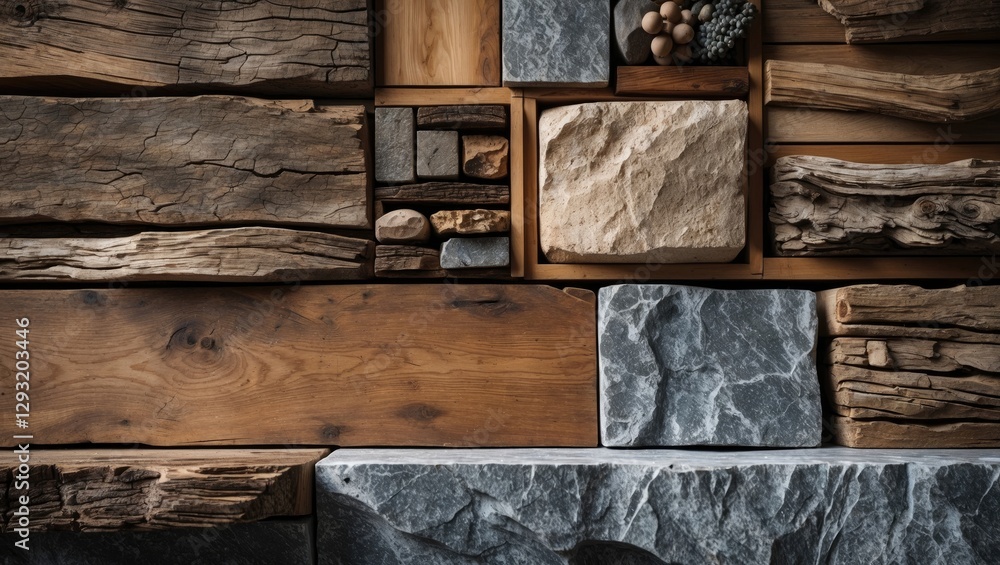 Aufkleber natural wood and stone texture background showcasing various materials arranged artistically in a st