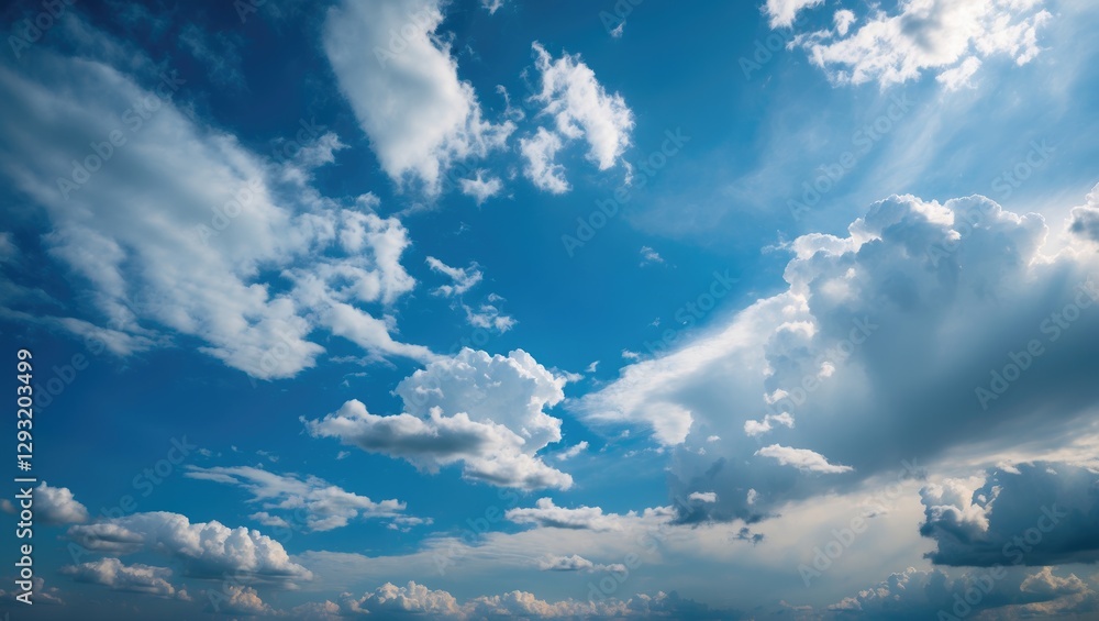 Poster vibrant blue sky with fluffy white clouds and ample space for text or design elements in an open atm