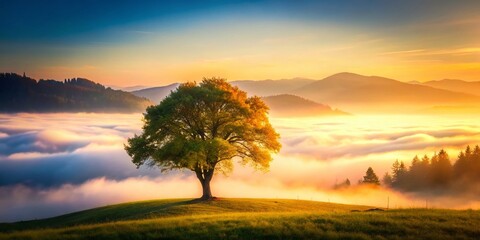Obraz premium Misty Mountain Landscape: Miniature Tree in Fog, Tilt-Shift Photography