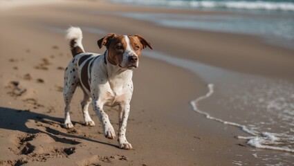 Playful dog with brown spots walking along the beach shoreline enjoying a sunny day by the sea.
