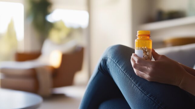 A person taking obesity medication while relaxing in a modern living room. Featuring health routines and balance