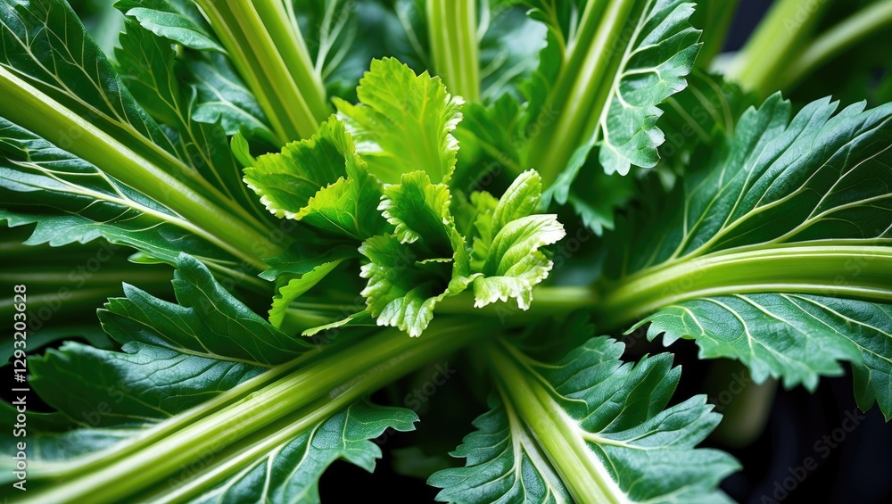 Poster lush celery leaves captured from above showcasing vibrant green colors and intricate leaf patterns i