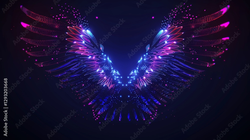 Poster a neon light effect digital art background featuring two symmetrical wings. abstract background. dig
