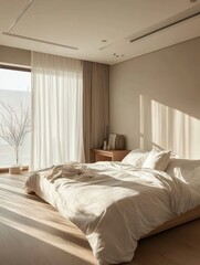 A minimalist bedroom displays warm light and neutral hues throughout the room