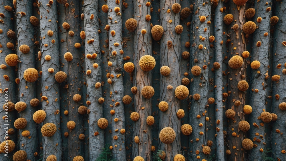 Poster textured tree bark with spherical orange growths creating a unique natural pattern for use in backgr