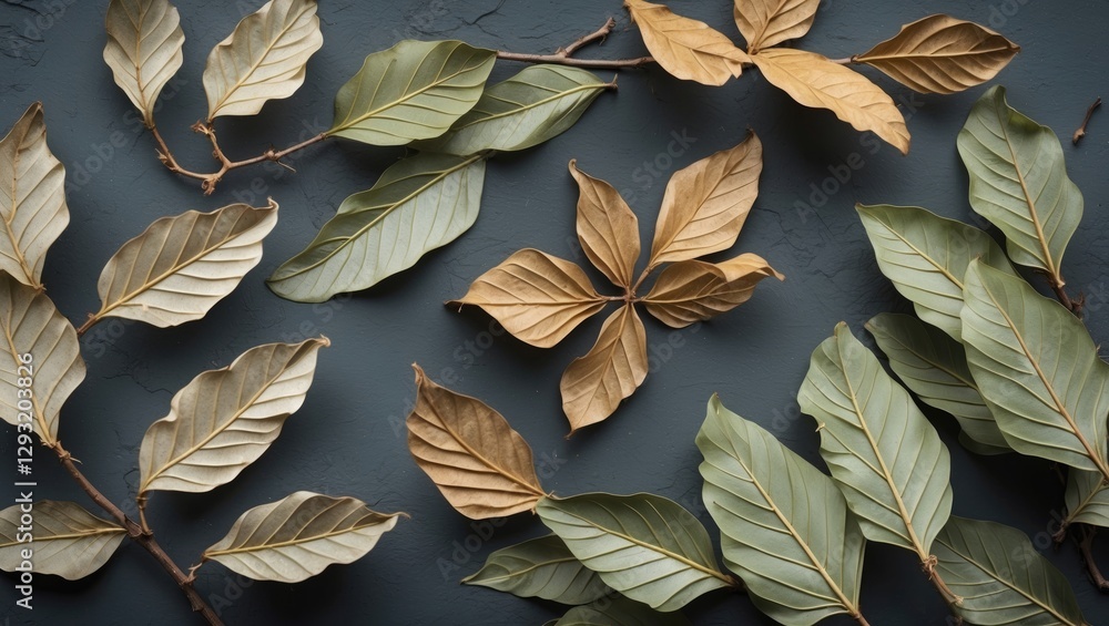 Poster dried laurel leaves arranged artistically on a dark background with ample copy space for text or bra