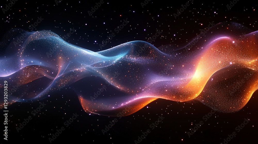 Poster abstract digital art of particles and waves intertwining, symbolizing quantum field interactions