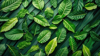 Fototapeta premium Lush Green Leaves Creating a Natural Pattern on Wooden Background for Textiles, Decor or Environmental Themes