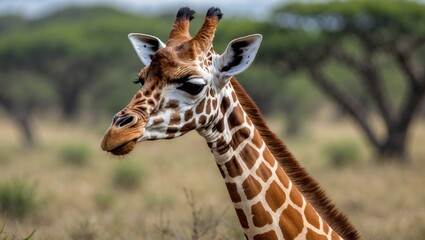 Obraz premium Giraffe portrait showcasing its unique features and tranquil presence in a natural savannah habitat. Ideal for wildlife and nature themes.