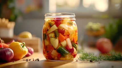 Colorful mix of pickled vegetables arranged on a wooden table, emphasizing traditional fermentation and homemade preservation techniques, detailed book illustration style